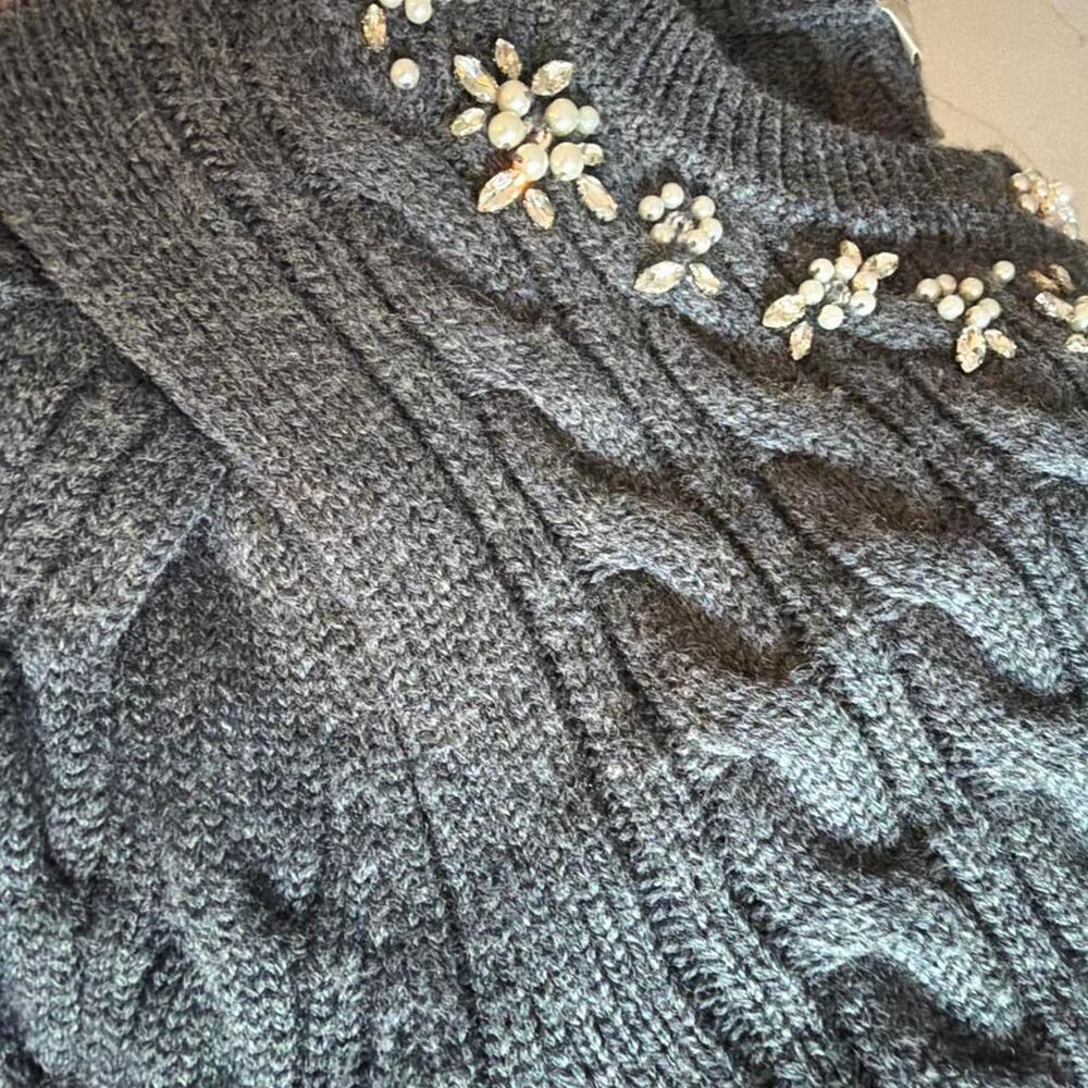 LoveShackFancy Charcoal Grey 100% Merino Wool Pearl Embellished Cardigan - Picture 5 of 6